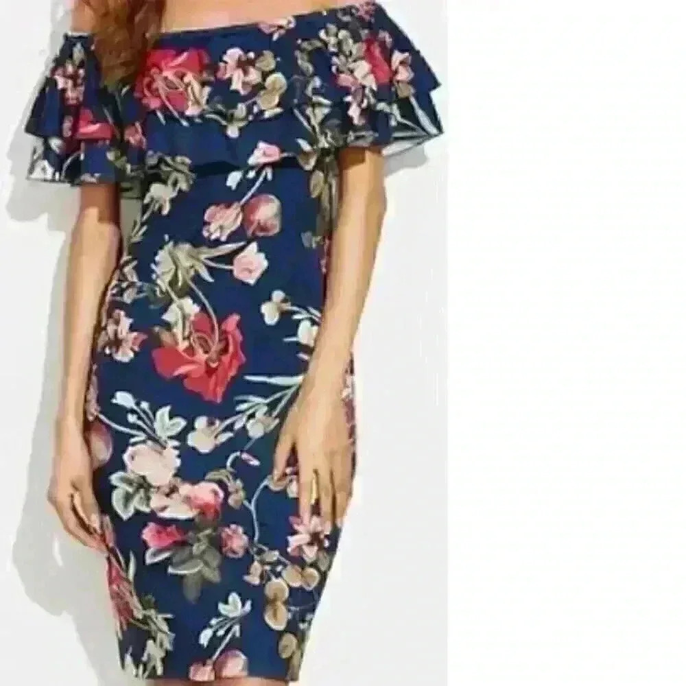 Floral Ruffle Off Shoulder Party Sexy Bodycon Dress Navy L